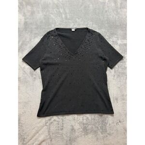 Vintage Made in Italy Old Money Black Beaded V Neck Short Sleeve Top Mob Wife M